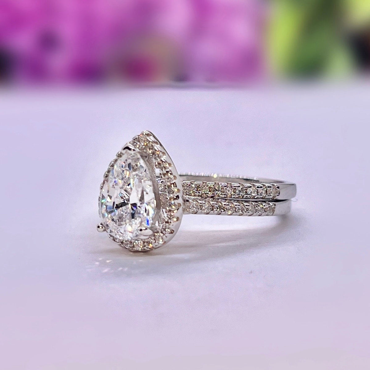 Pear Engagement Ring Set 1.5 Carat : Sterling Silver