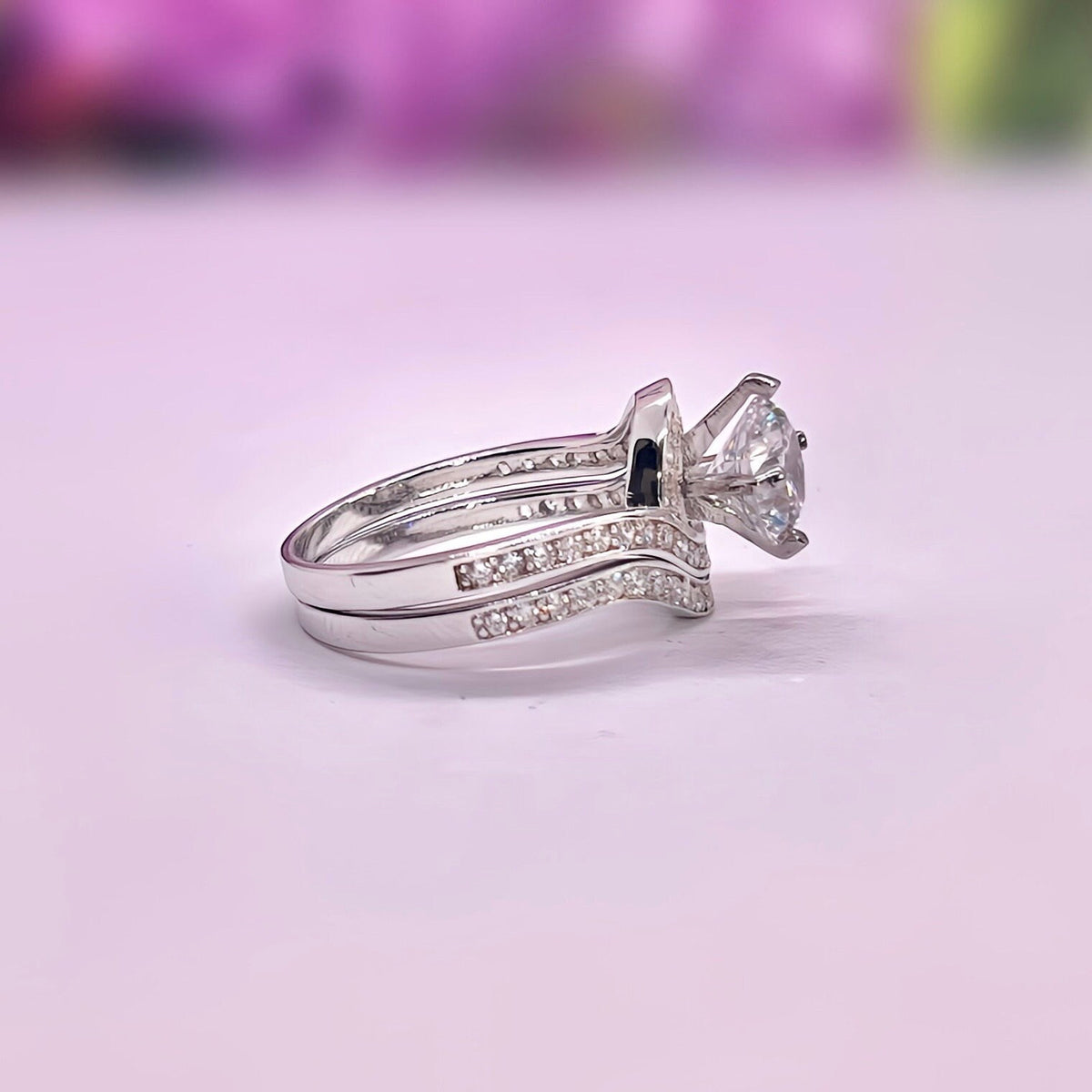 Moissanite Wave Engagement Ring Set: 925 Sterling Silver Bridal Ring