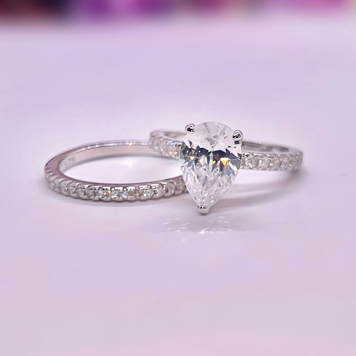 Pear Cut Engagement Ring Set Moissanite 2 Carat : 925 Sterling Silver Bridal Rings