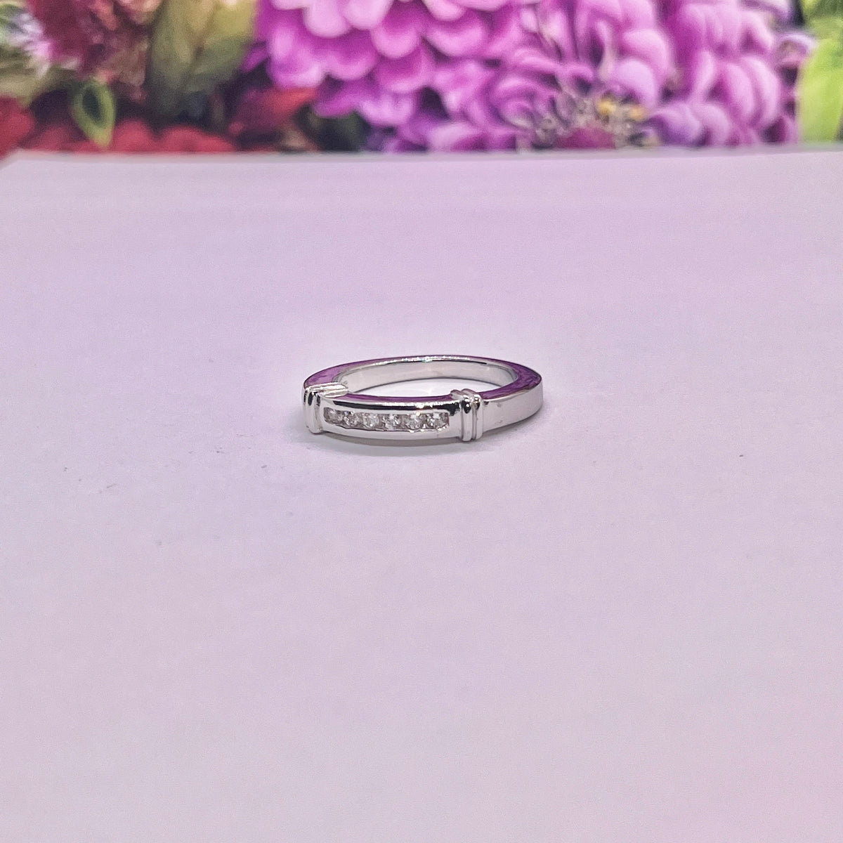 Sterling Silver Moissanite Wedding Band: Channel Set Ring