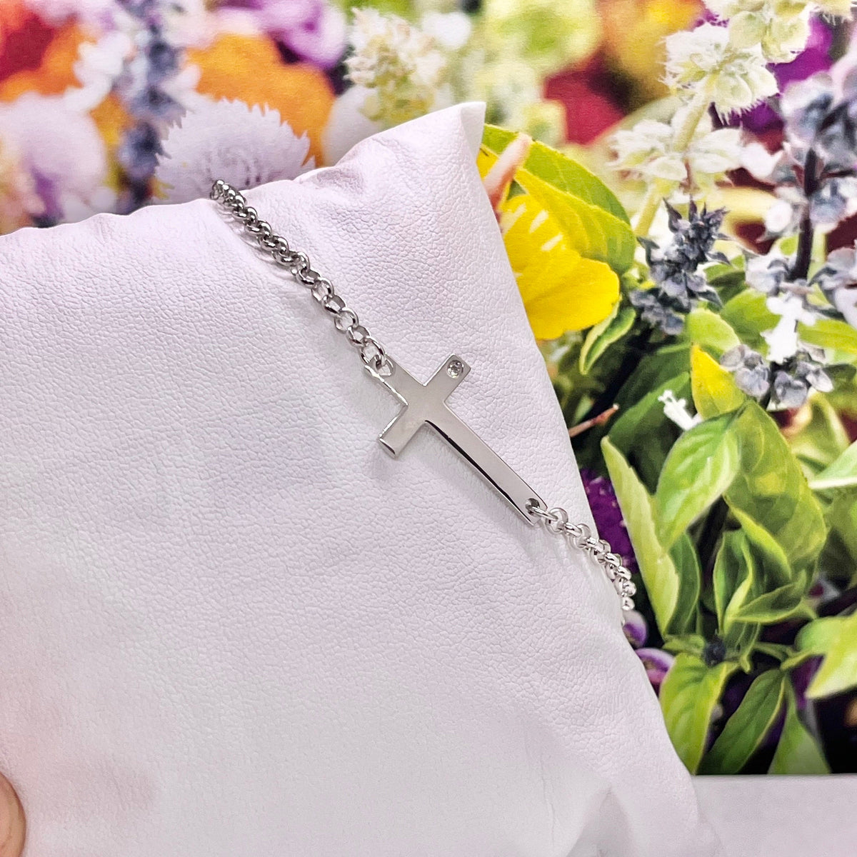 Sterling Silver Cross Bracelet: Moissanite Diamond, Adjustable