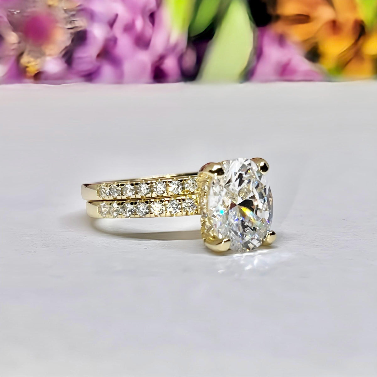 Oval Moissanite Ring Set 2 Carat : 14k Gold Plated Silver