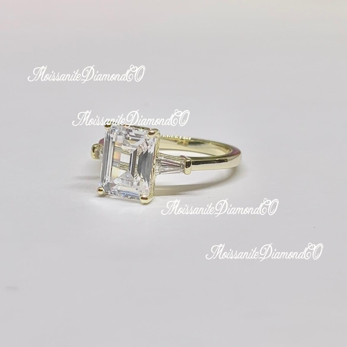 Radiant Cut 3 Carat Moissanite Diamond Three Stone Engagement Yellow Gold Over Silver Ring