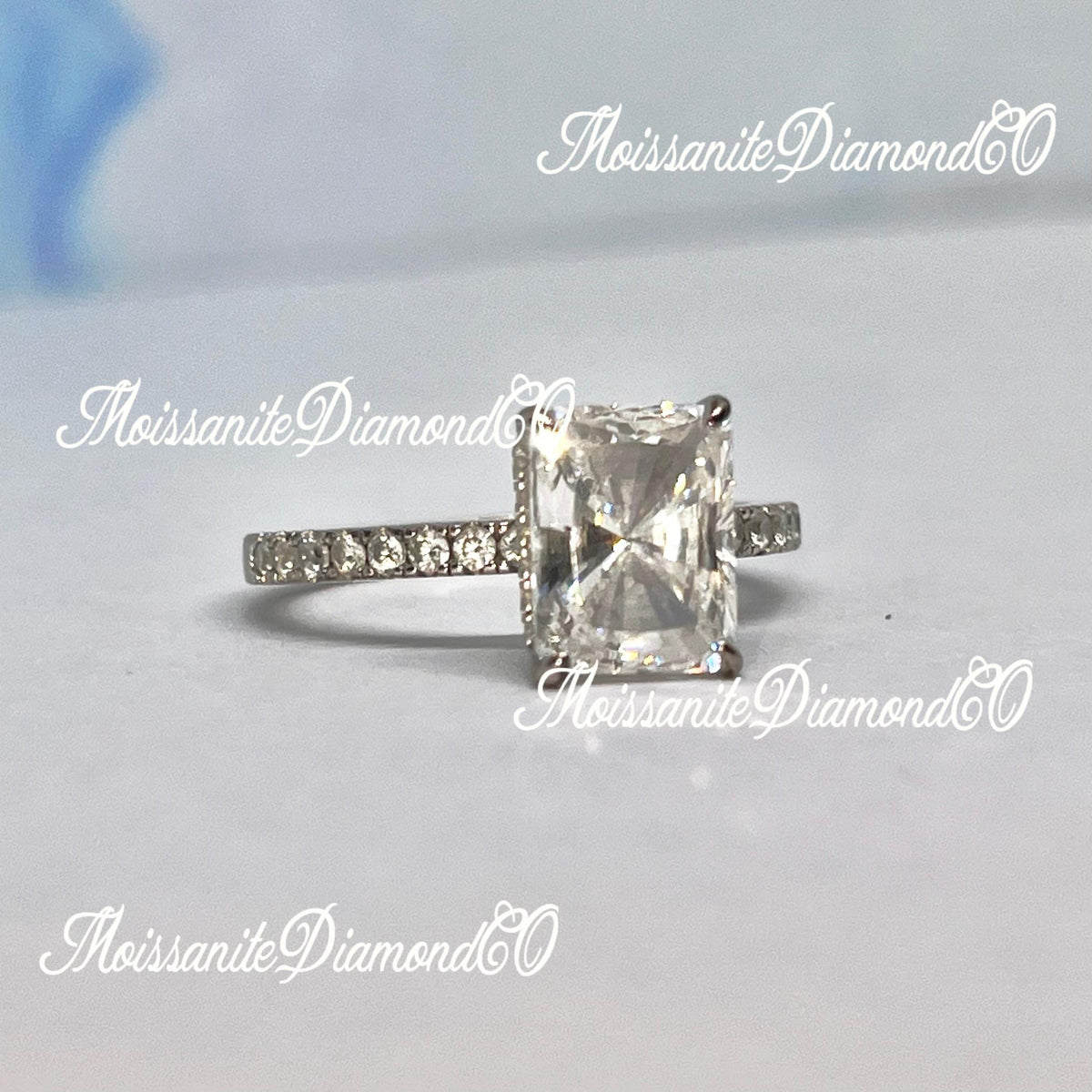 Radiant Cut 3 Carat White Sapphire Ring: Sterling Silver