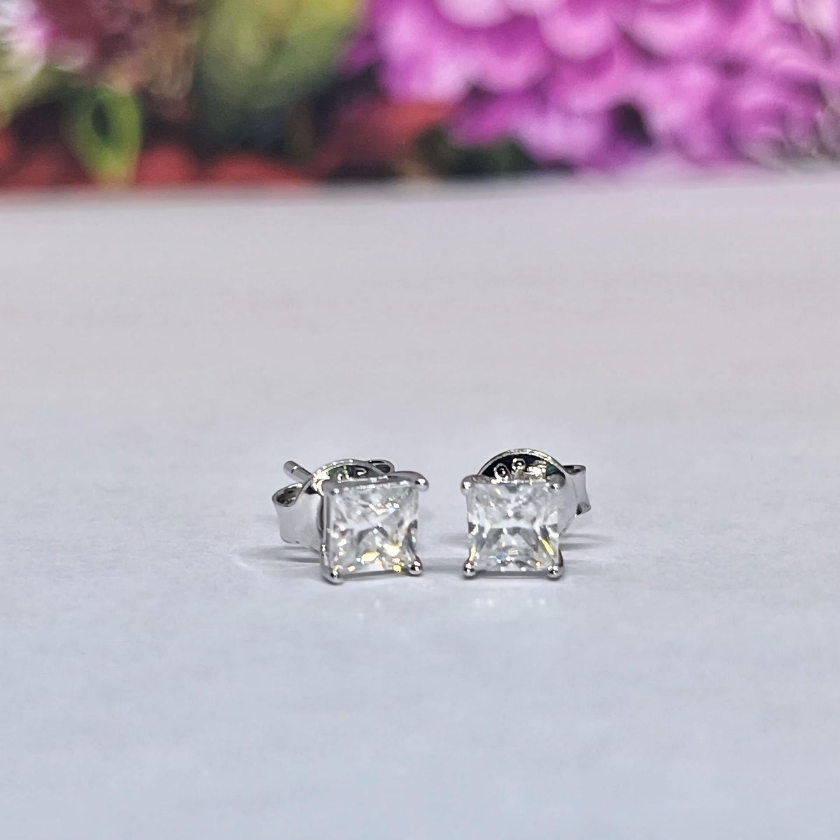 Square Cut Moissanite Stud Earrings: 925 Sterling Silver