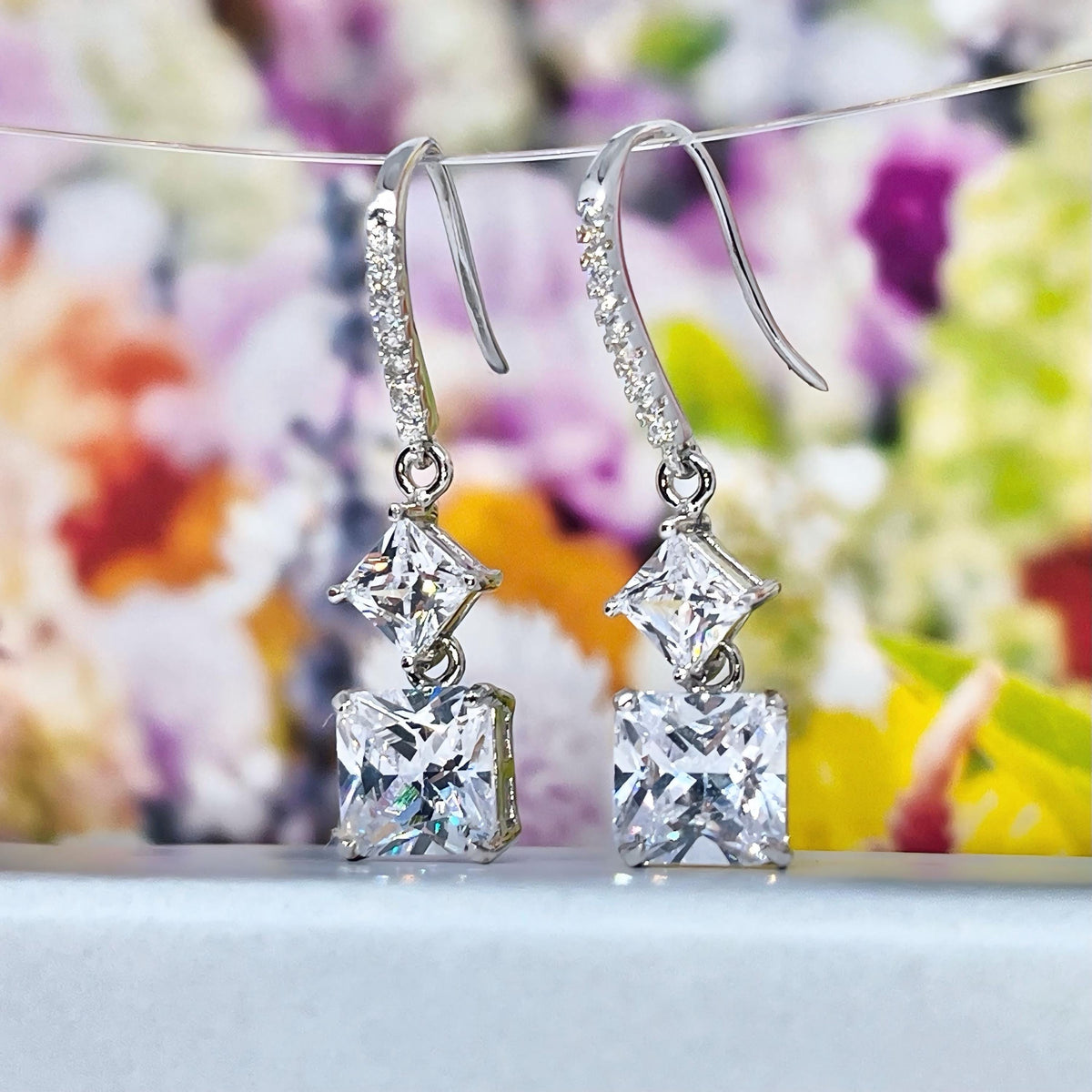Princess Cut 2 Carat Moissanite Diamond Dangle Drop 925 Sterling Silver Earrings