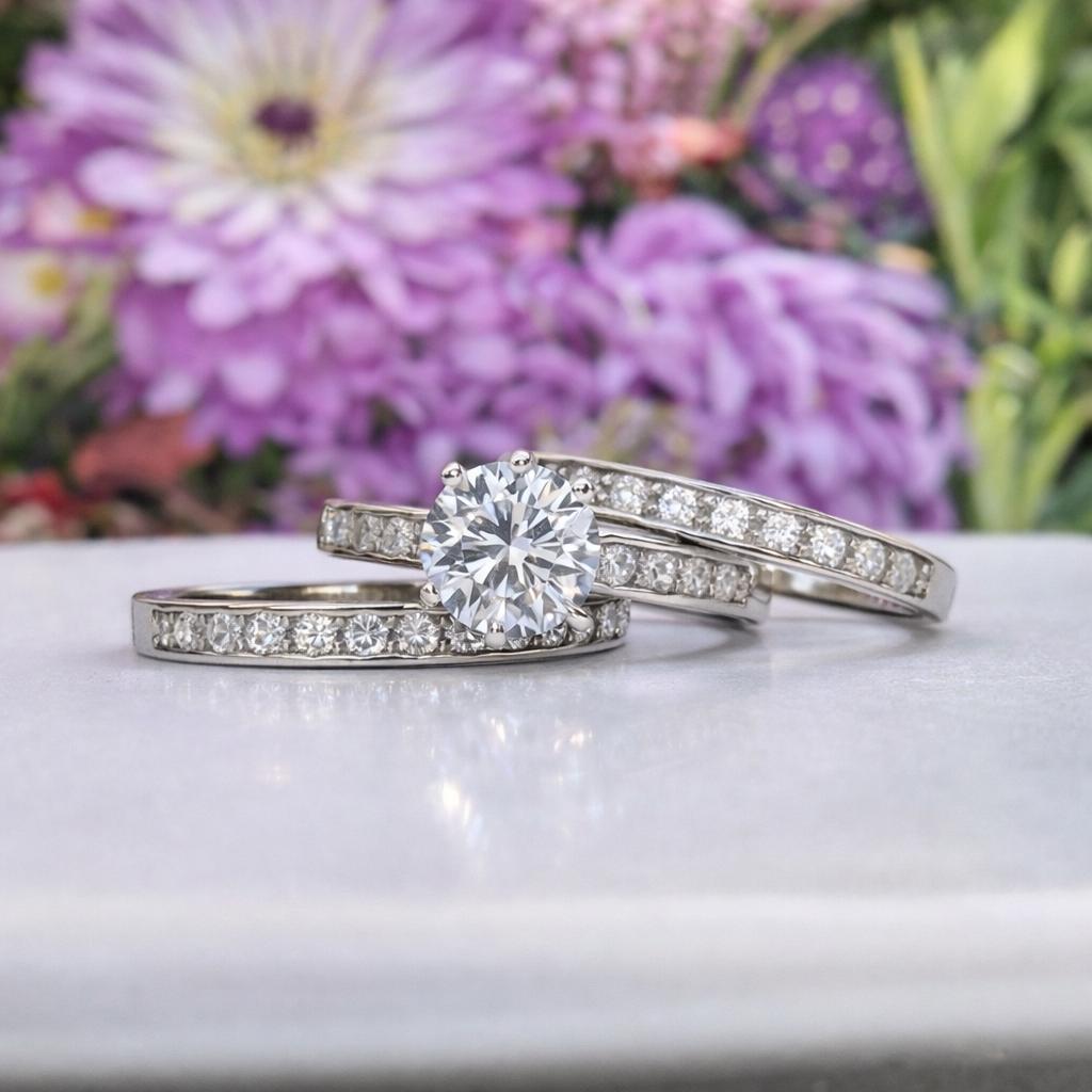 Round Cut 2 Carat Moissanite Bridal Ring Set: Sterling Silver Engagement