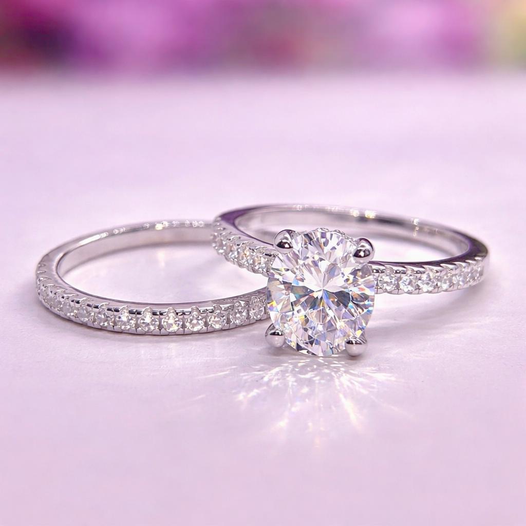 Oval Cut Moissanite Engagement Ring Set | 925 Sterling Silver Band