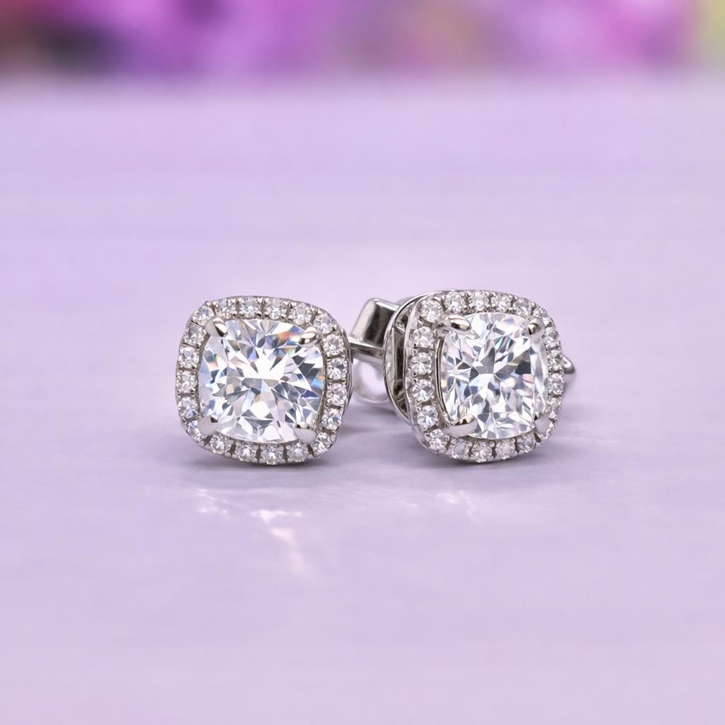Cushion Cut 1.2 CTW Moissanite Diamond Stud Earrings | 925 Silver