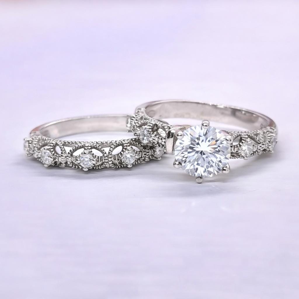Vintage Style Moissanite Diamond Ring Set: Art Deco Sterling Silver Bridal Set
