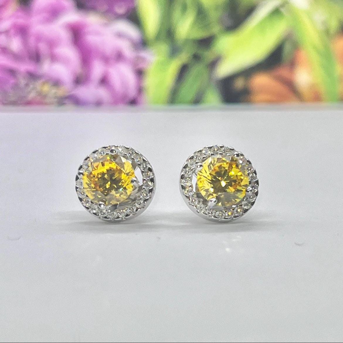 Yellow Sapphire Halo Stud Earrings: Removable Halo, 925 Sterling Silver