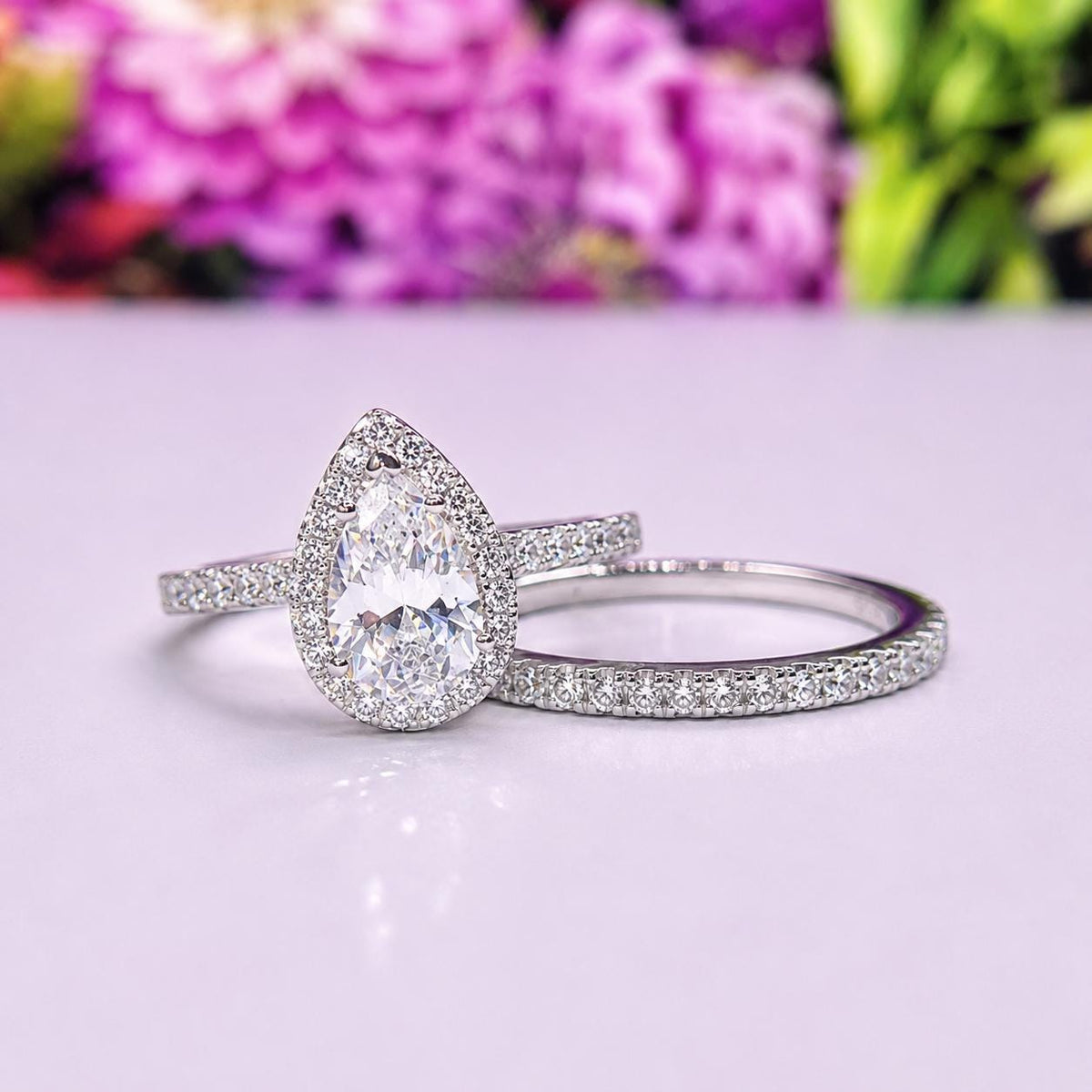 Pear Cut Engagement Ring Set Moissanite 1.5 Carat : 925 Sterling Silver