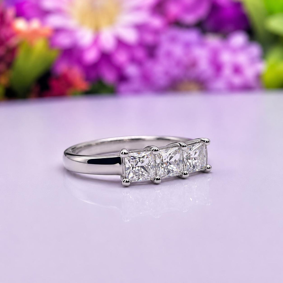 Princess Cut Moissanite Wedding Band: Sterling Silver Five Stone Ring