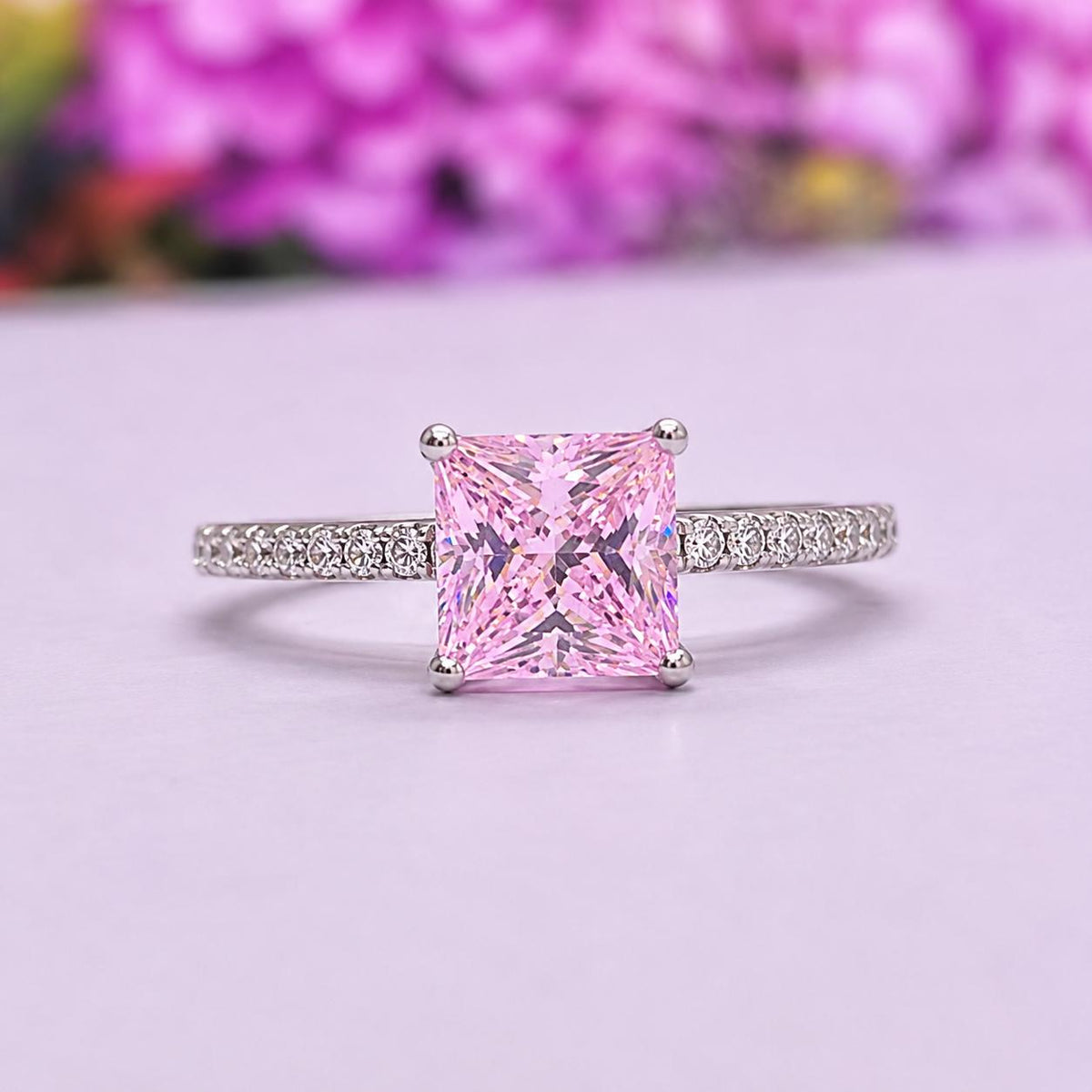Princess Cut 1.5 Ct Pink Moissanite 925 Sterling Silver Bridal Ring