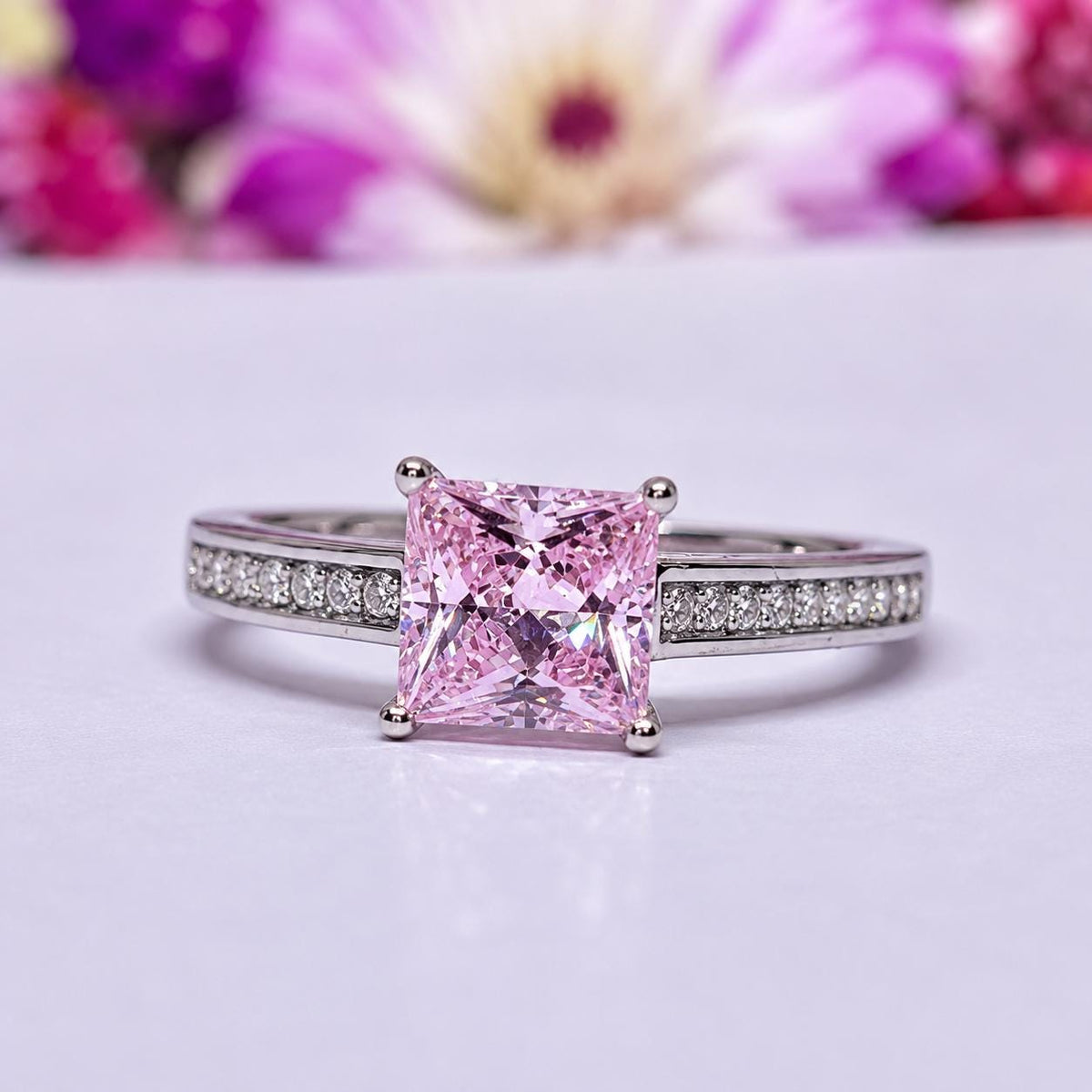 Princess Cut 1.5 Ct Champagne Pink Moissanite Diamond 925 Sterling Silver Wedding Engagement Ring