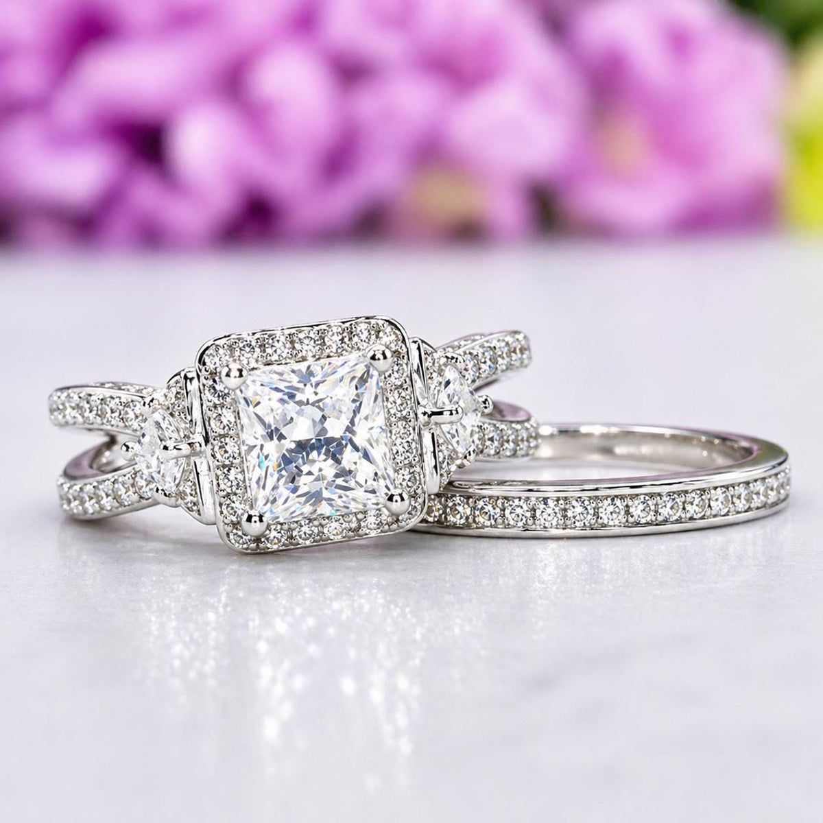 Princess Cut 1.5 Carat Moissanite Ring Set: Sterling Silver Wedding Anniversary Ring