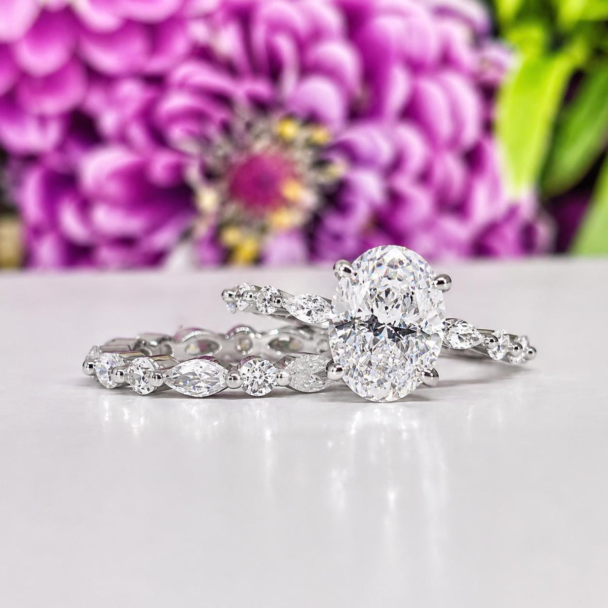 Oval Cut 2.5 Carat Moissanite Diamond Bridal Engagement Wedding Ring Set