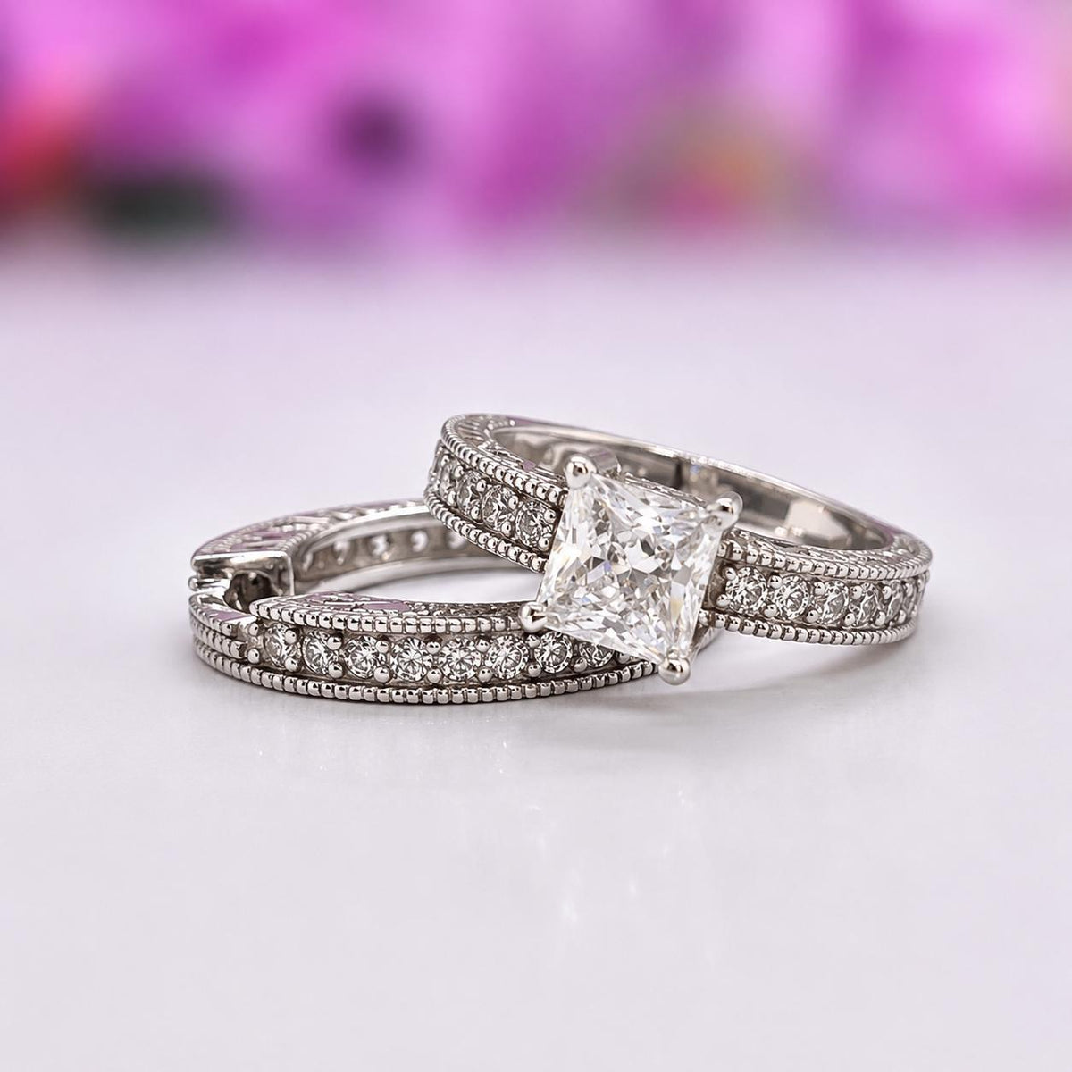 Victorian Princess Cut 1 CT Moissanite Engagement Ring Set - Sterling Silver