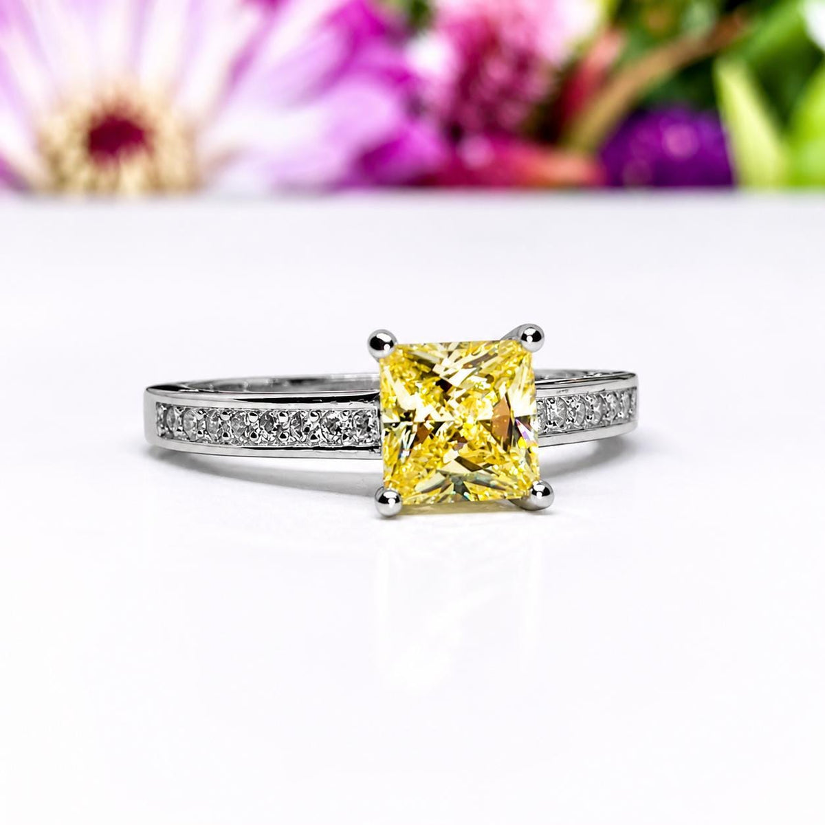 1.5 Carat Princess Cut Yellow Sapphire Ring: Sterling Silver Promise Ring