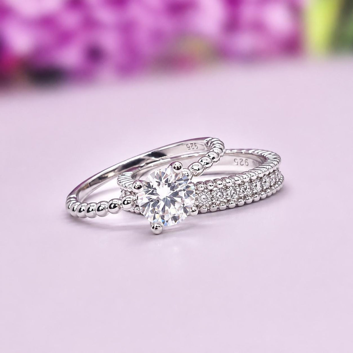 Round Cut Twist 1 Ct Moissanite Engagement Ring Set: 925 Sterling Silver