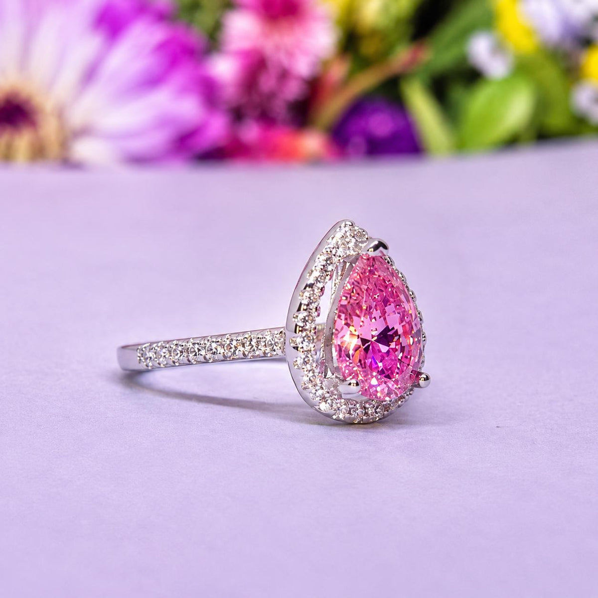 Pear Cut Pink Sapphire Ring: Sterling Silver Engagement Wedding Ring