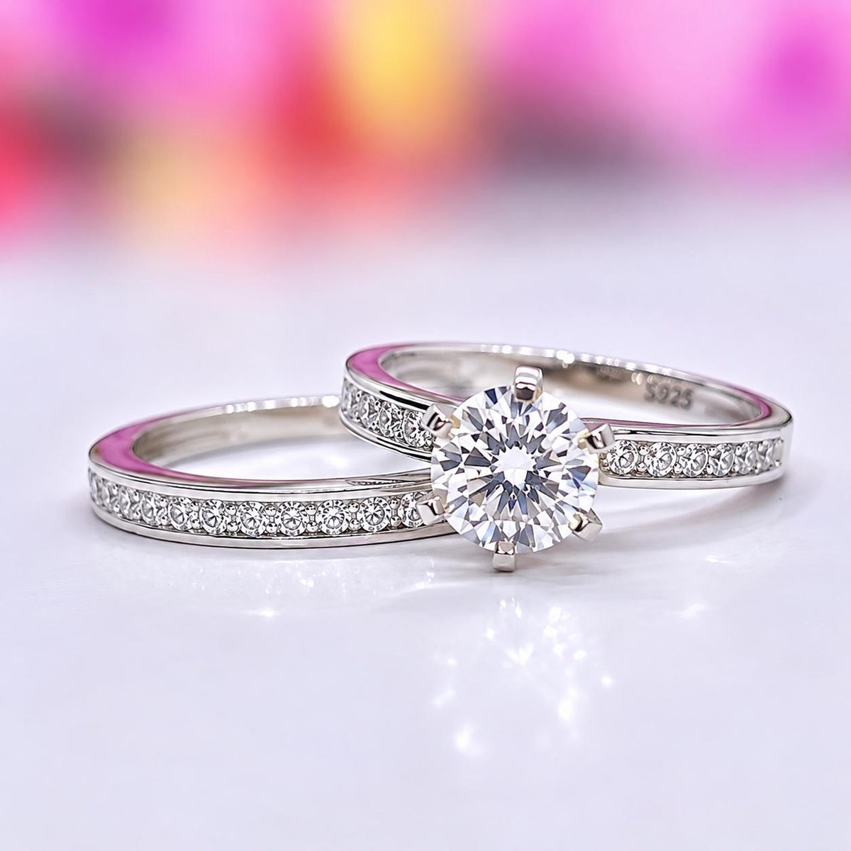 Moissanite Diamond Bridal Ring Set: Round Cut Sterling Silver Wedding Engagement Ring