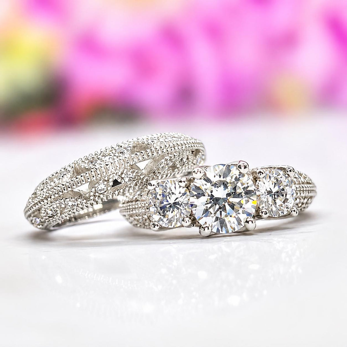 Moissanite Engagement Ring Set: Sterling Silver Three Stone Wedding Rings