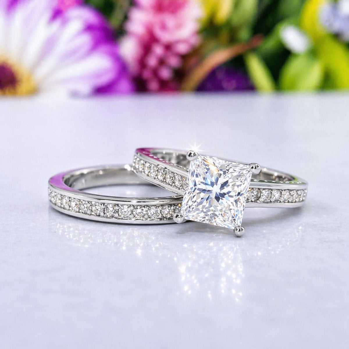 Princess Cut 1.5 Carat Moissanite Ring Set: Sterling Silver Wedding Engagement