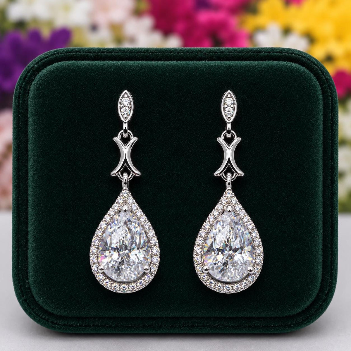 Pear Cut 2 Carat Moissanite Diamond Dangle Earrings: Vintage Sterling Silver