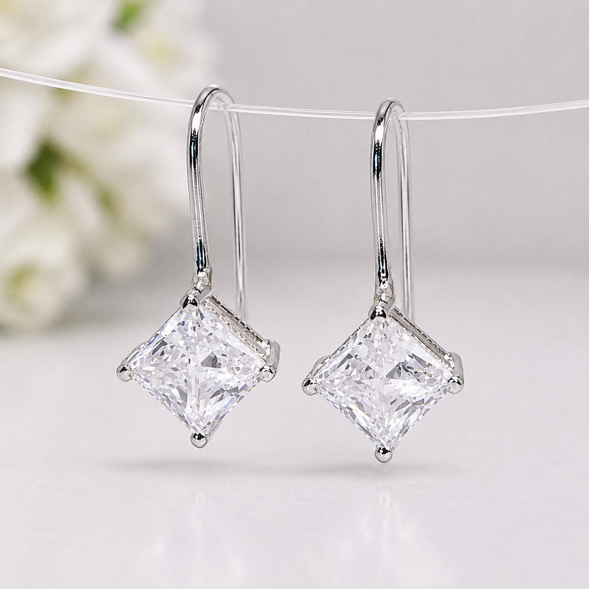 Princess Cut Moissanite Dangle Earrings : 925 Sterling Silver