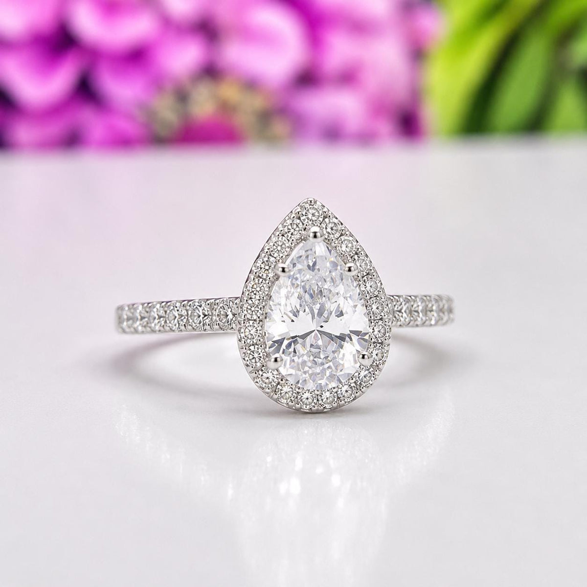 Pear Cut Moissanite Bridal Ring: 925 Sterling Silver, 1.75 CT