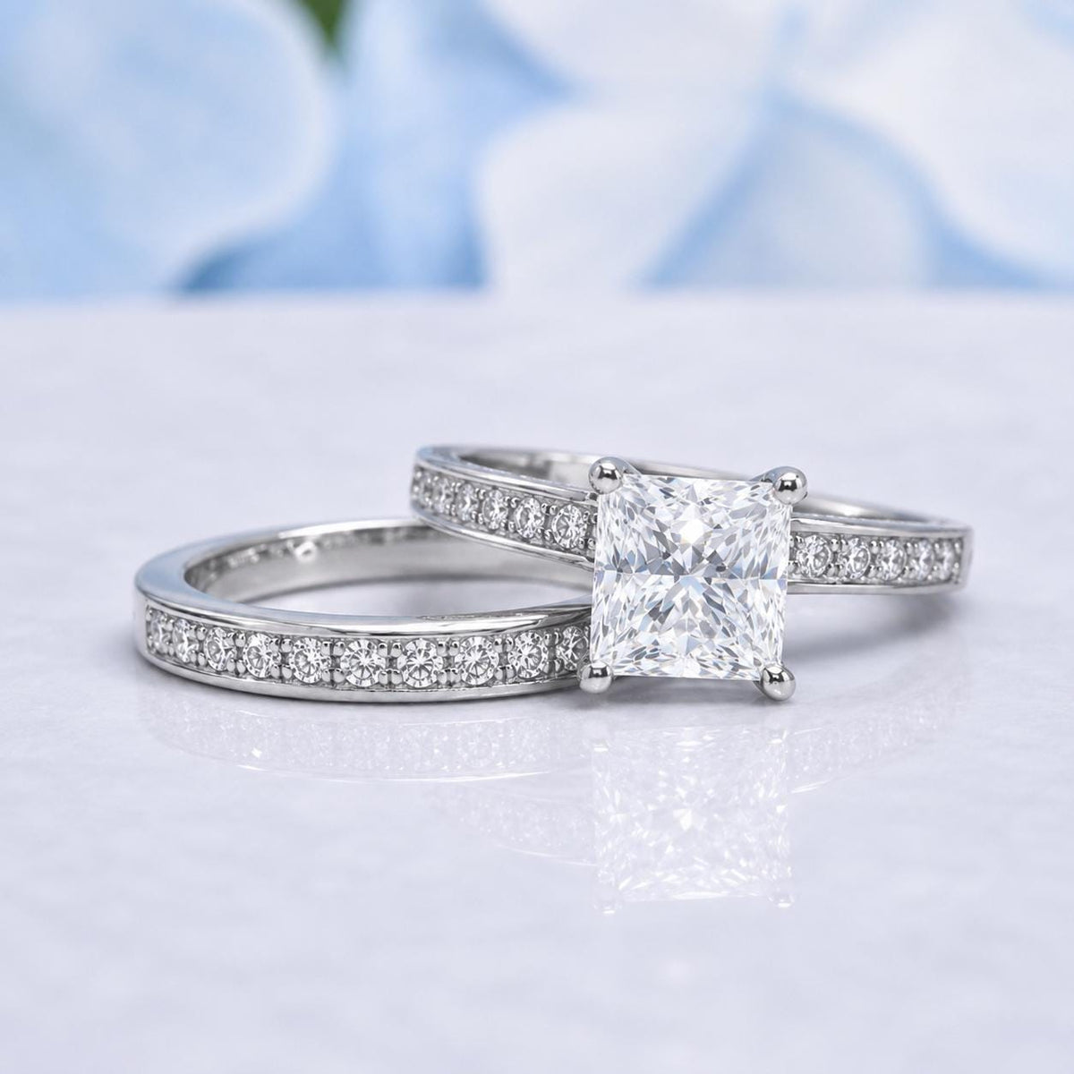 Princess Cut 1.5 Carat VVS White Sapphire Engagement Ring Bridal Set