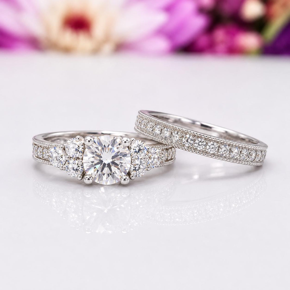 Vintage Style 1.25 Ct Moissanite Diamond 2-Pc Wedding Engagement Ring Set