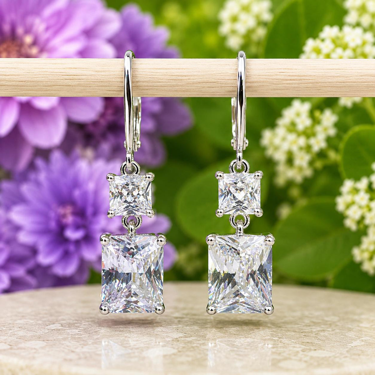 Emerald Cut Moissanite Dangle Earrings: 925 Sterling Silver Drop Earrings
