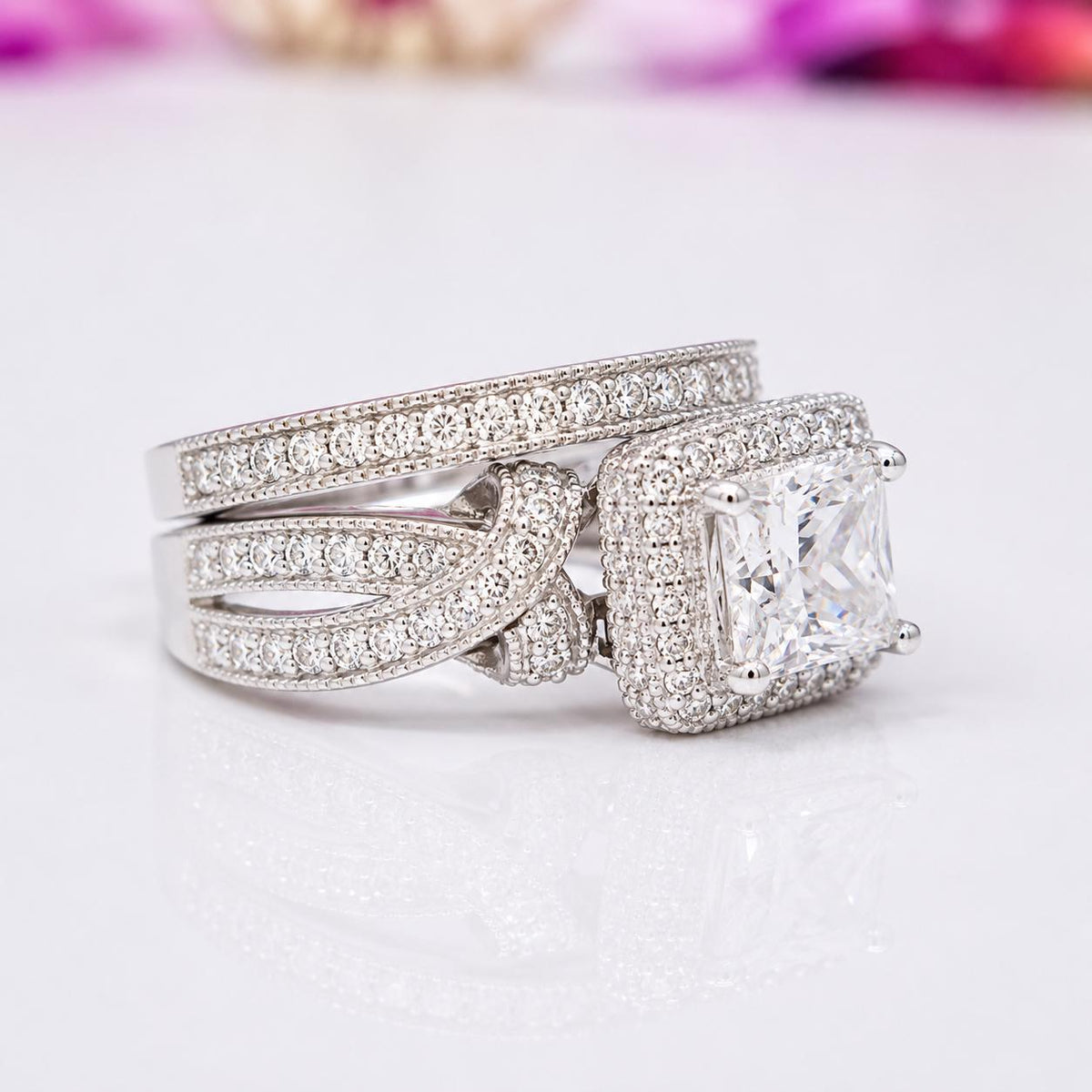 Princess Cut 1.5 Carat Moissanite Ring Set: Sterling Silver Engagement Wedding Anniversary