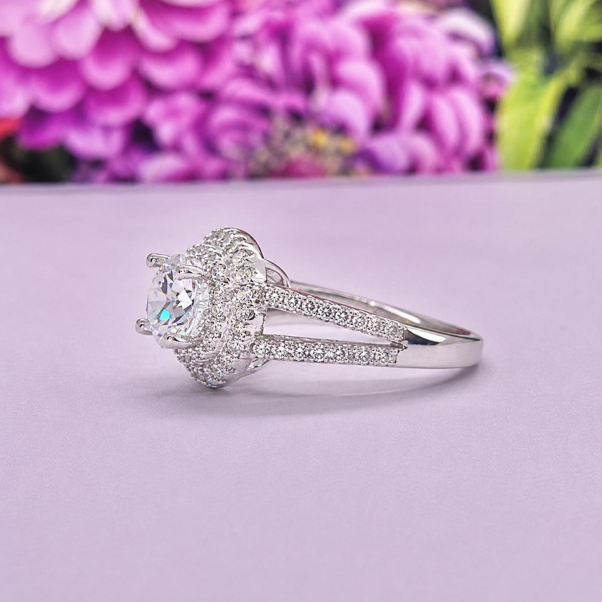 Double Halo 1.25 Ct Moissanite Diamond Engagement Ring 925 Sterling Silver