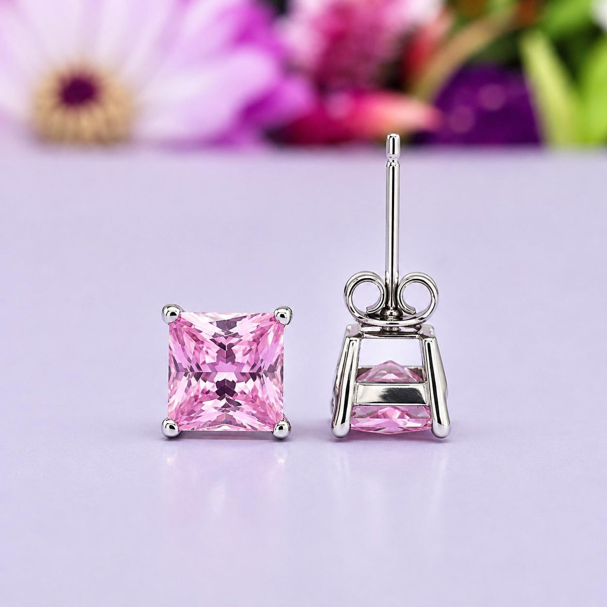 Princess Cut 1 Ct Pink Sapphire Stud Earrings 925 Sterling Silver