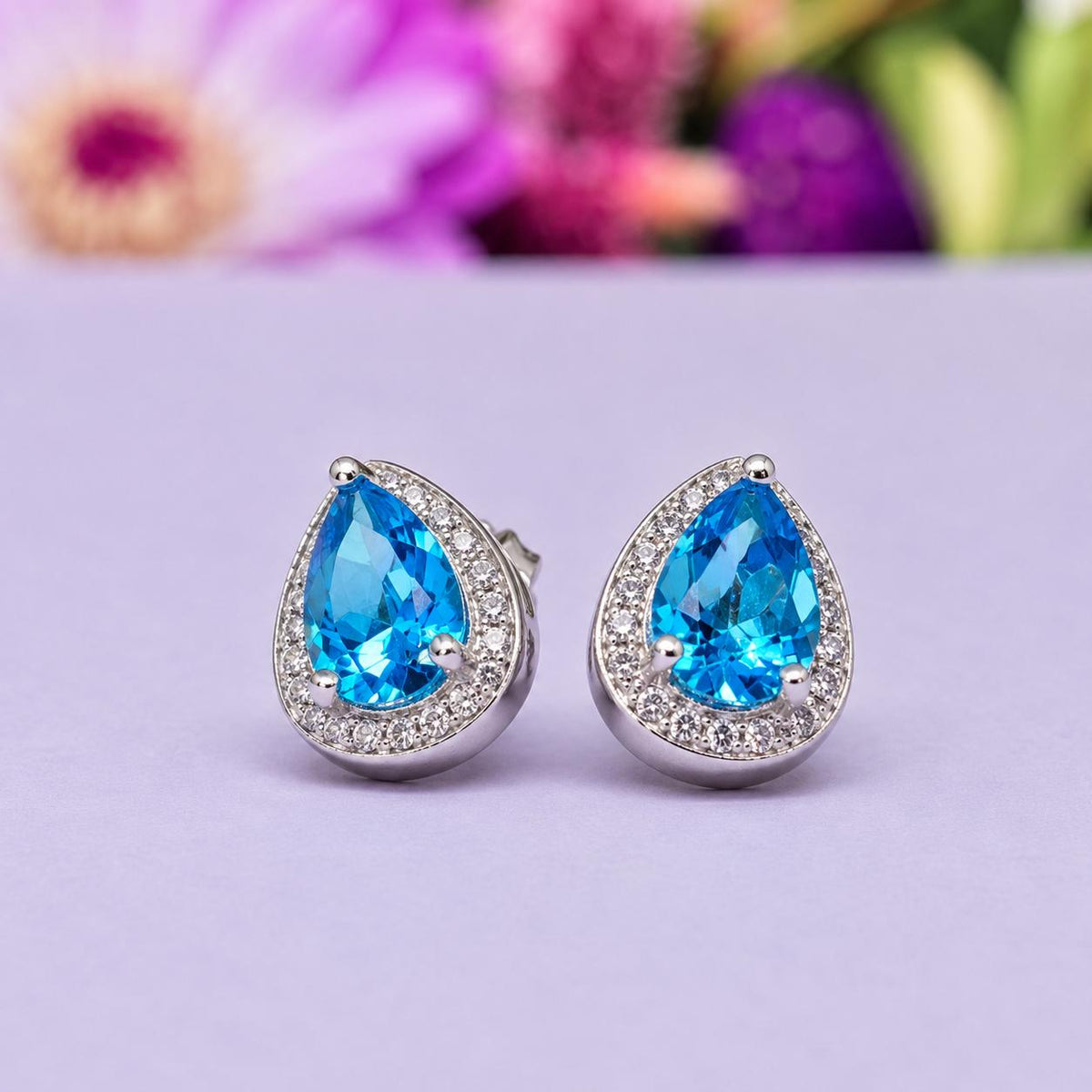 Pear Cut Blue Sapphire Stud Earrings : 925 Sterling Silver