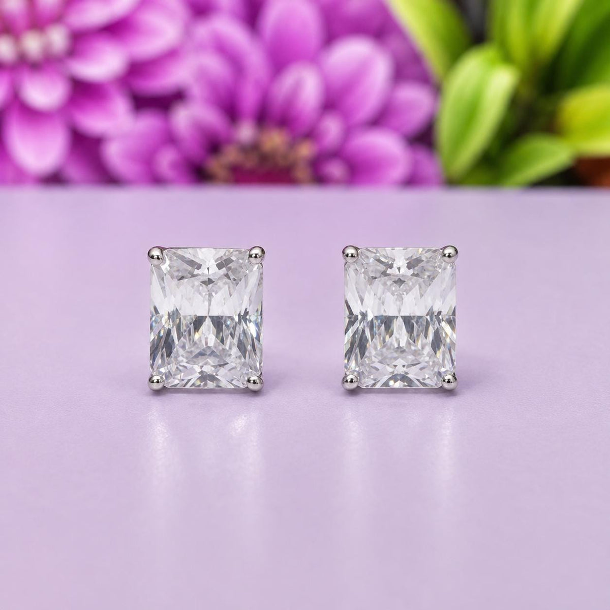 Princess Cut Baguette 4 Ct Moissanite Diamond Stud : 925 Sterling Silver Earrings