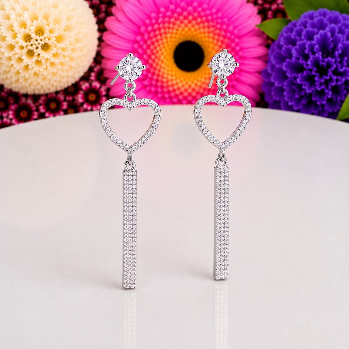 Heart Dangle Drop Moissanite Earrings : 925 Sterling Silver