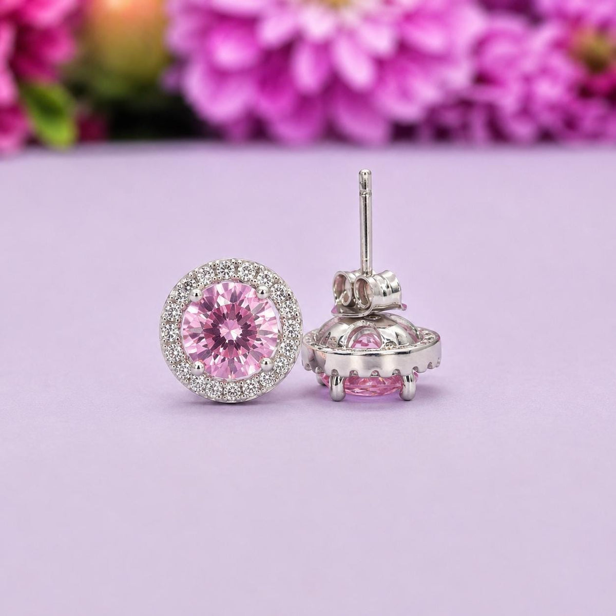 Pink Sapphire Halo 1 Ct Stud Earrings: Removable Halo, 925 Sterling Silver