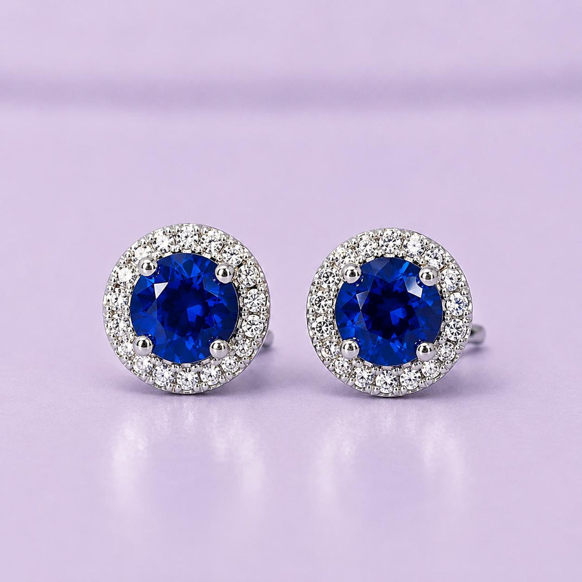 Navy Blue Sapphire Sterling Silver Halo Stud Earrings: Removable Halo