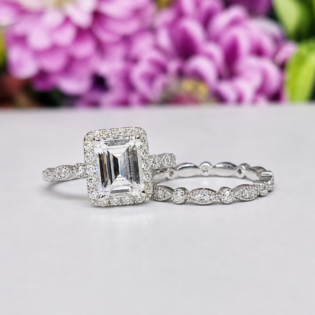 Radiant 2 Carat Moissanite Engagement Ring Emerald Cut : 925 Sterling Silver