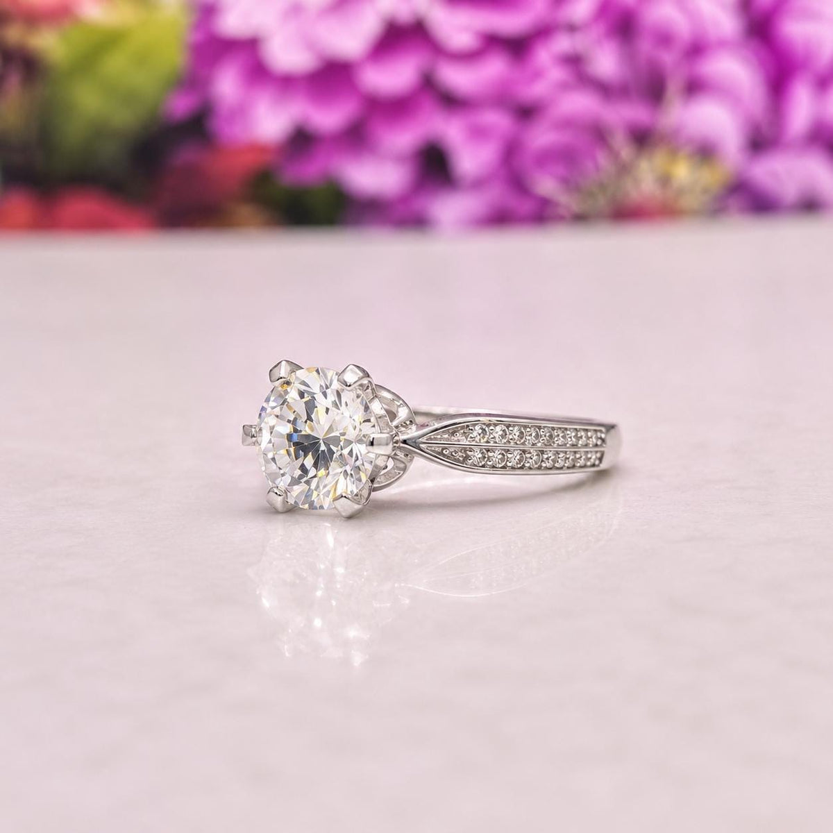 Round Cut Raised 1.25 Carat Moissanite Diamond Engagement Ring : 925 Sterling Silver