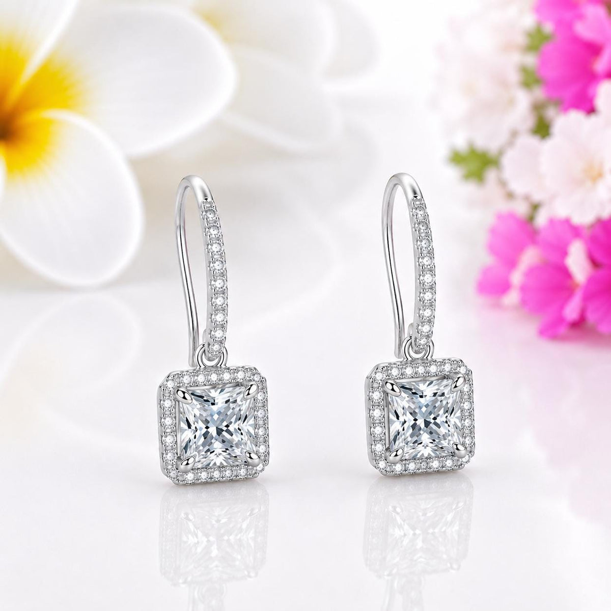 Princess Cut Moissanite 1 Carat Dangle Drop Earrings : 925 Sterling Silver