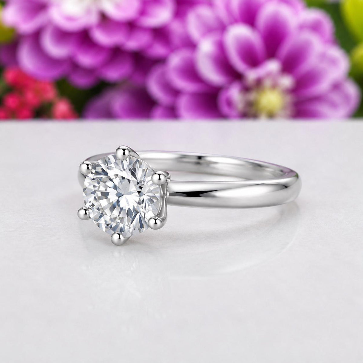 Round 3 Carat 6 Prong Moissanite Diamond Engagement Ring : 925 Sterling Silver