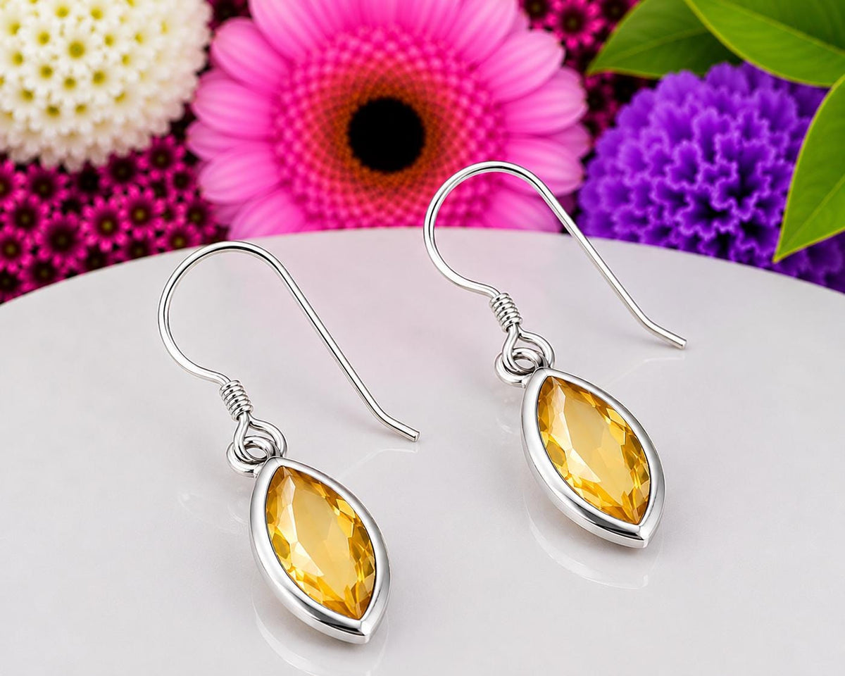 Marquise Cut 2 Carat Canary Yellow Citrine Dangle Drop Earrings : 925 Sterling Silver