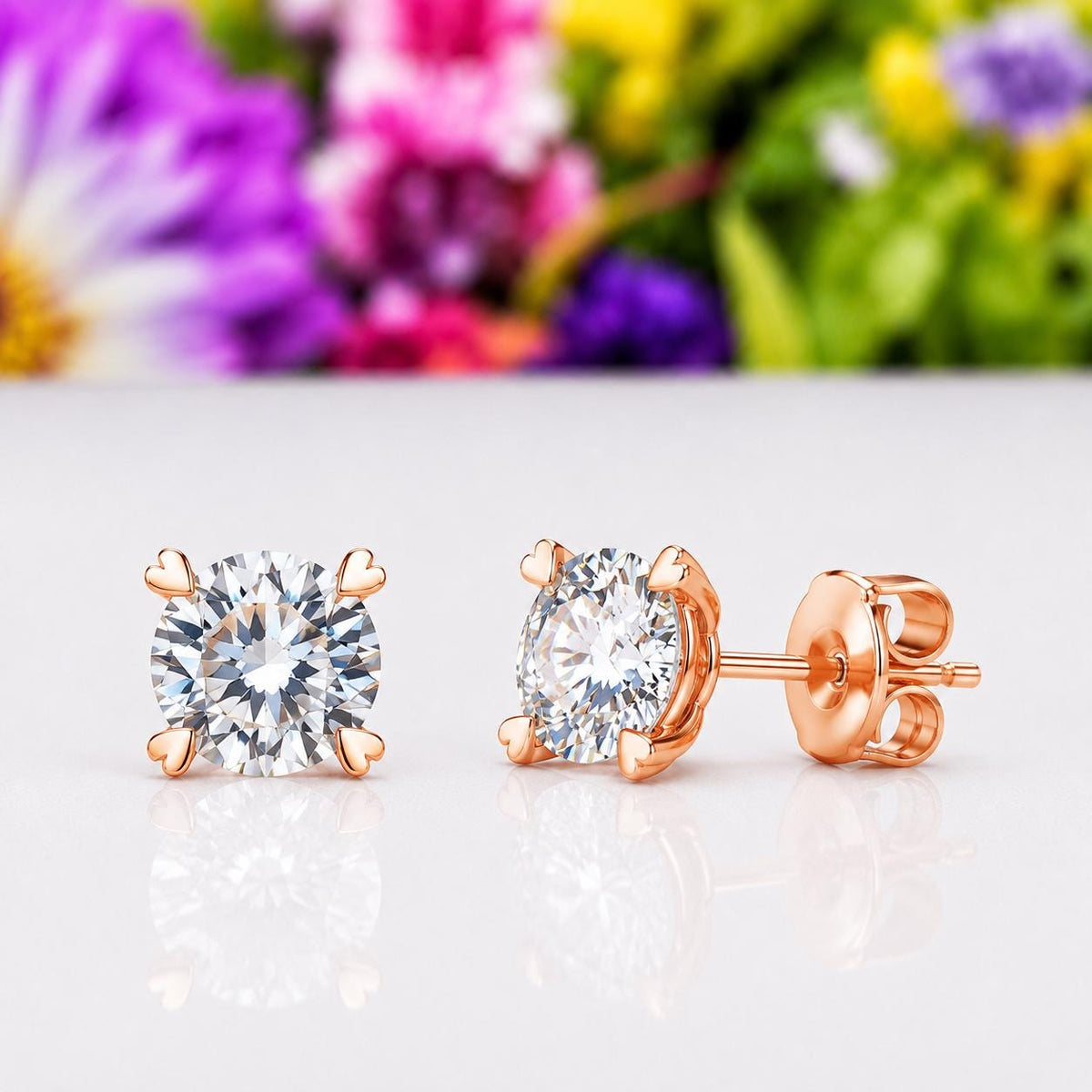 Heart Claw 1 Carat Moissanite Stud Earrings Rose Gold : 925 Sterling Silver