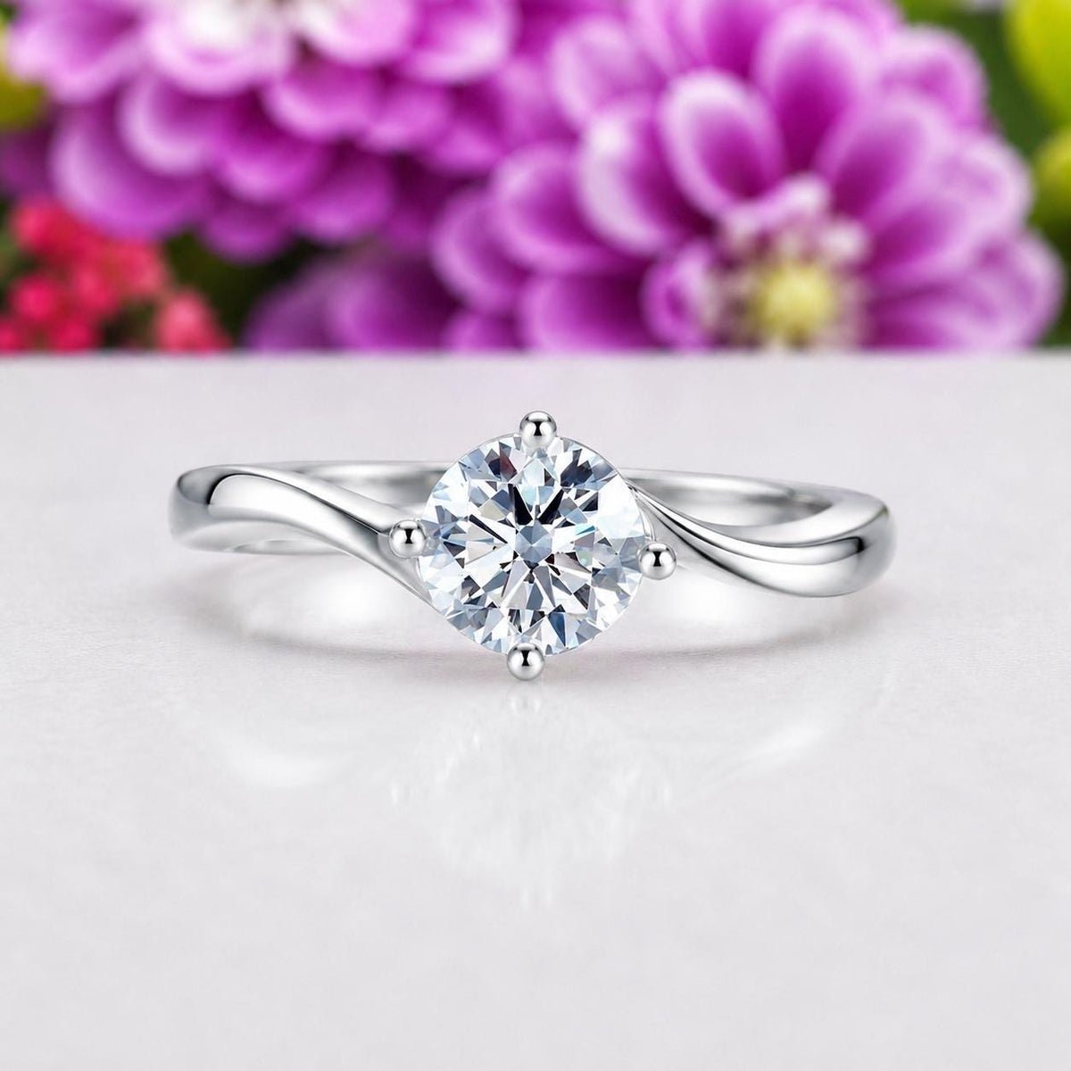 Solitaire 1 Carat Moissanite Diamond Swirl Engagement Ring : 925 Sterling Silver