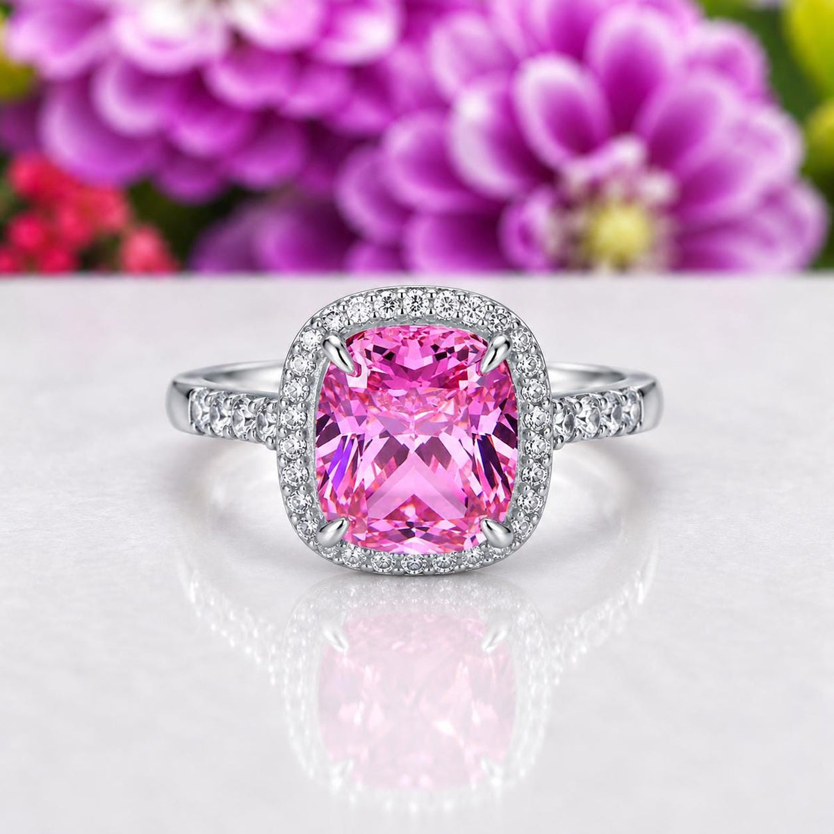Cushion Cut 6 Carat Pink Sapphire Engagement Ring : 925 Sterling Silver